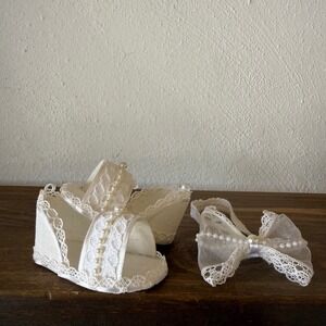 Baby Christening Baptism Shoes Headband Set‎ White Lace Pearl Newborn Doll